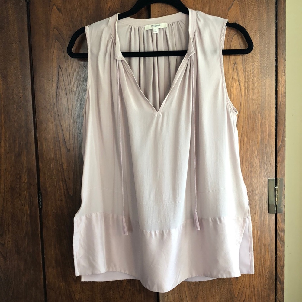 Madewell sleeveless silk blouse with tassel tie front detail